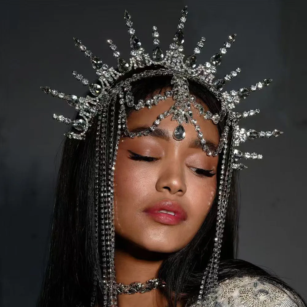 New Tassel Crown Female Exaggerated Personality goddess Halo Rhinestone sunflower Headwear Stage Performance Festival Accessorie