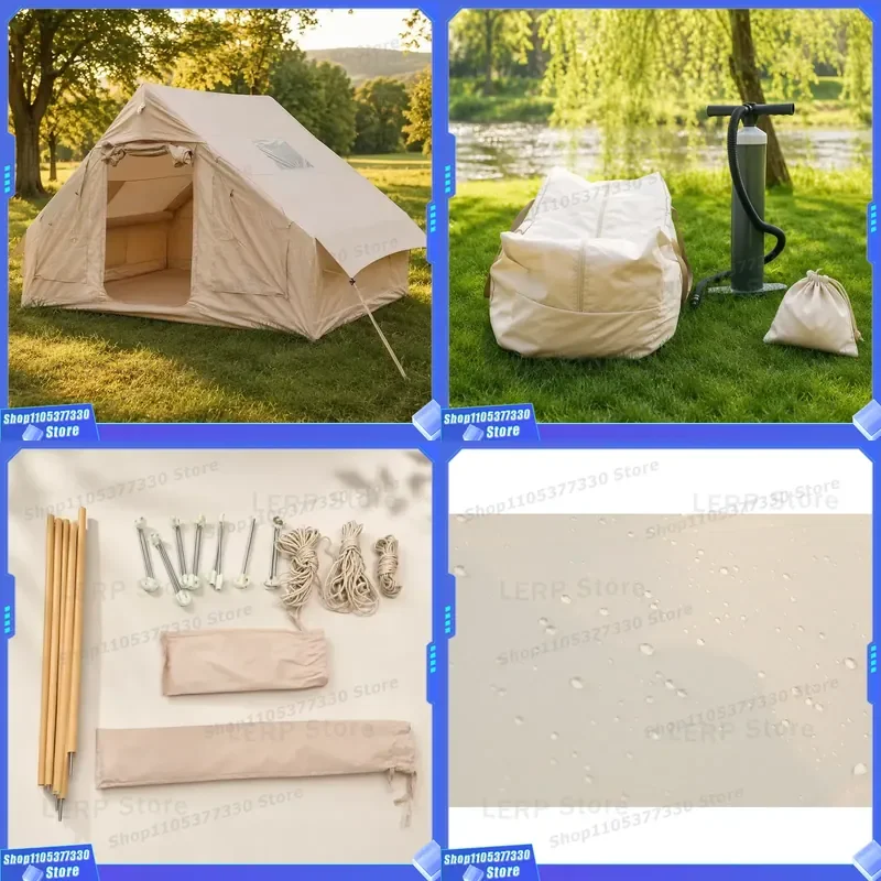 Reliable Inflatable Tent 6.3sqm Standard Air Column 210D Oxford Khaki 3-4 Person Family Portable Easy Build Glamping Camping