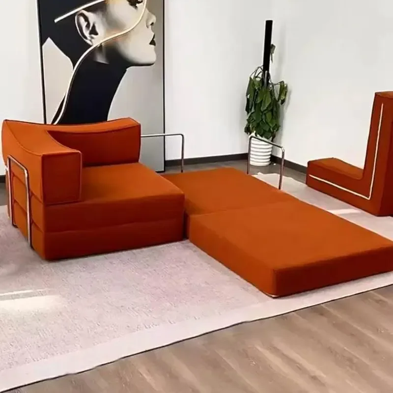 Medieval Fabric Sofa Small Apartment Living Room Double Module Straight Row Retro Folding Dual Purpose Sofa Bed