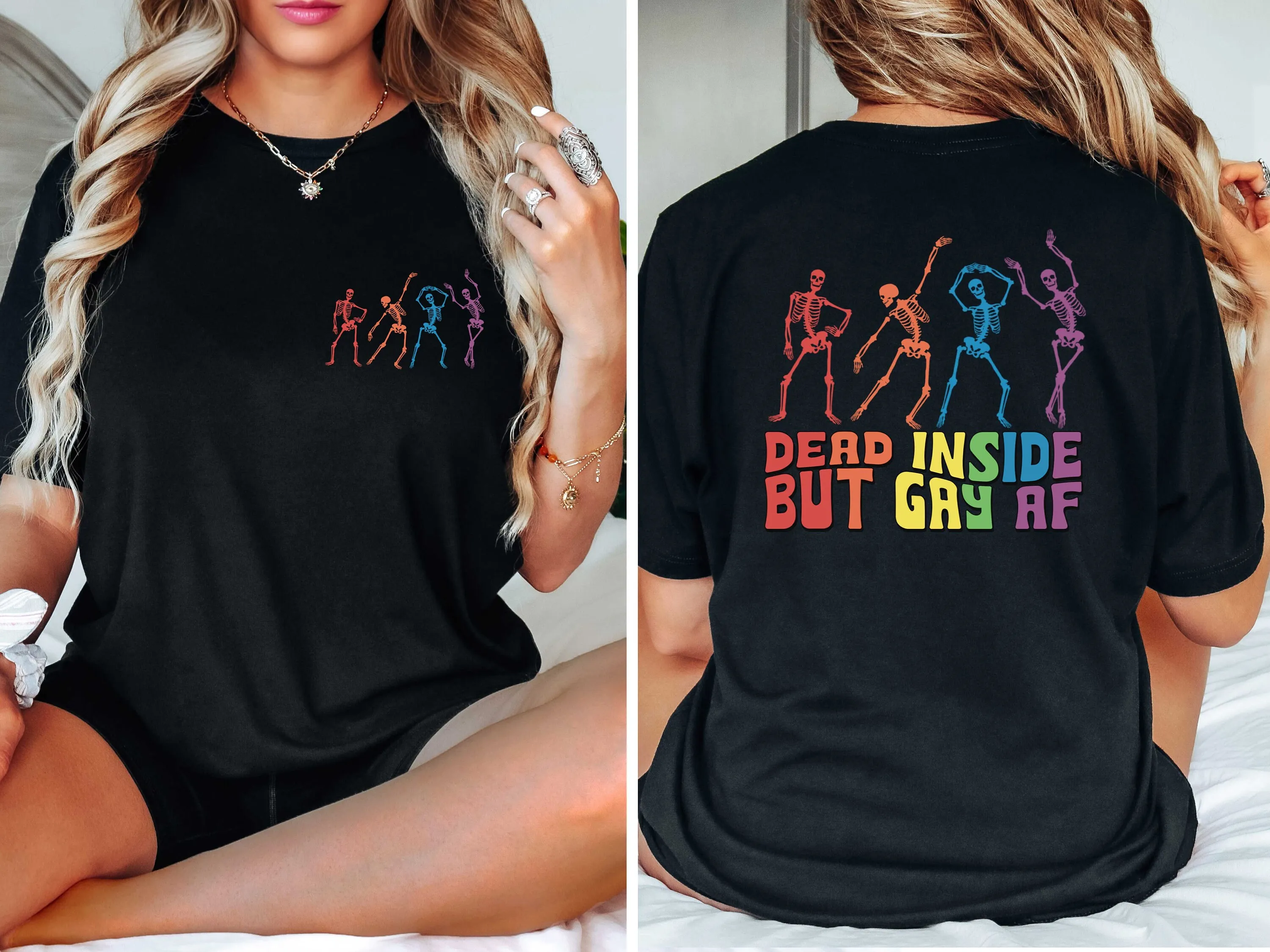 

Dead Inside But Gay Af T Shirt Skeleton LGBTQ Funny Rainbow Pride