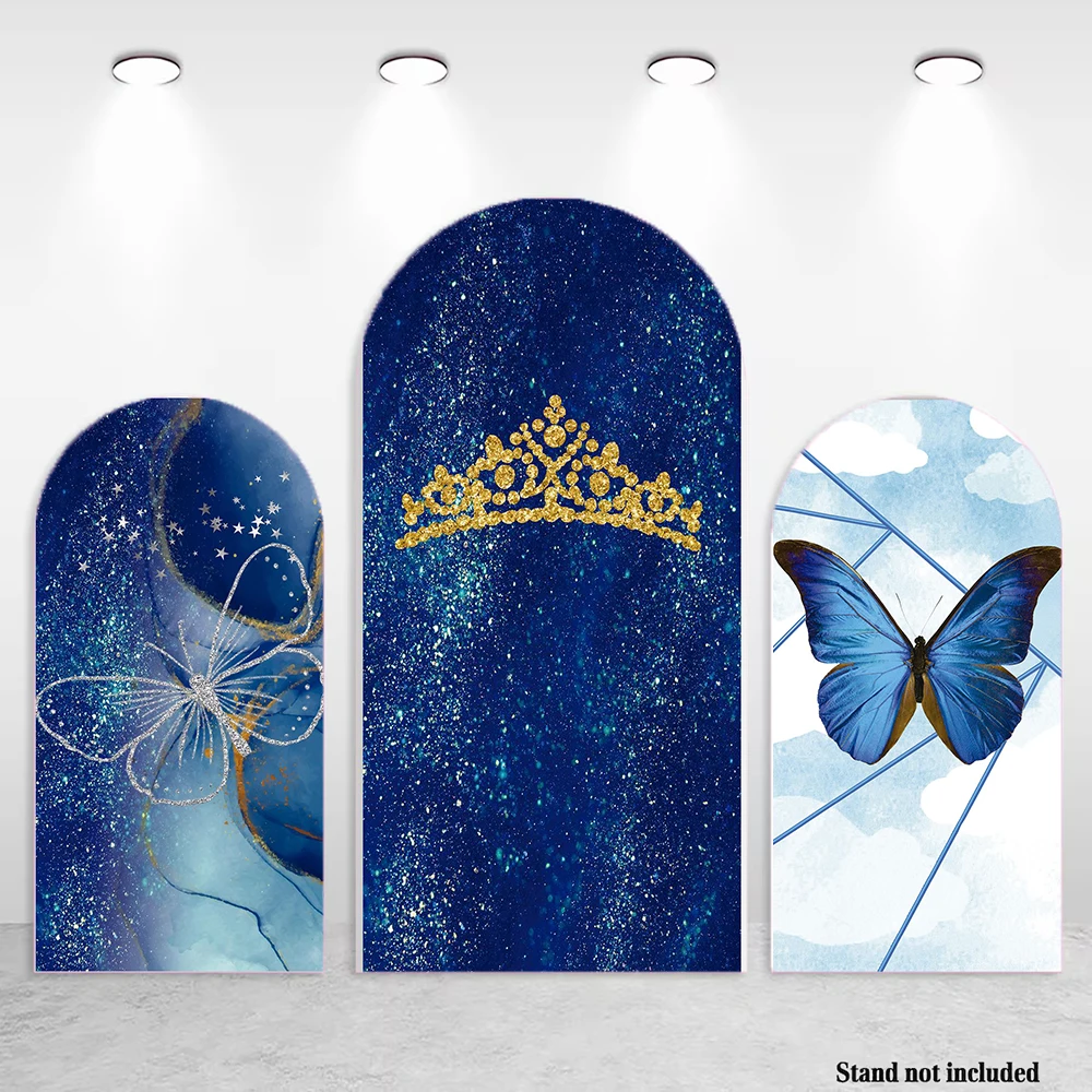 Mocsicka Girl Birthday Party Arch Background Glitter Blue Quinceanera Princess Dress Butterfly Crown Backdrop Bridal Show Photo