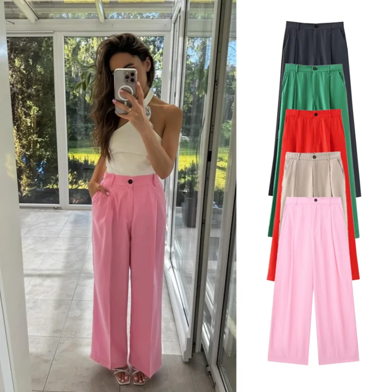 

Taop&Za Women's 2024 Summer New Casual Commuting Versatile Solid Color High Waist Drape Pleated Trousers 5427/420