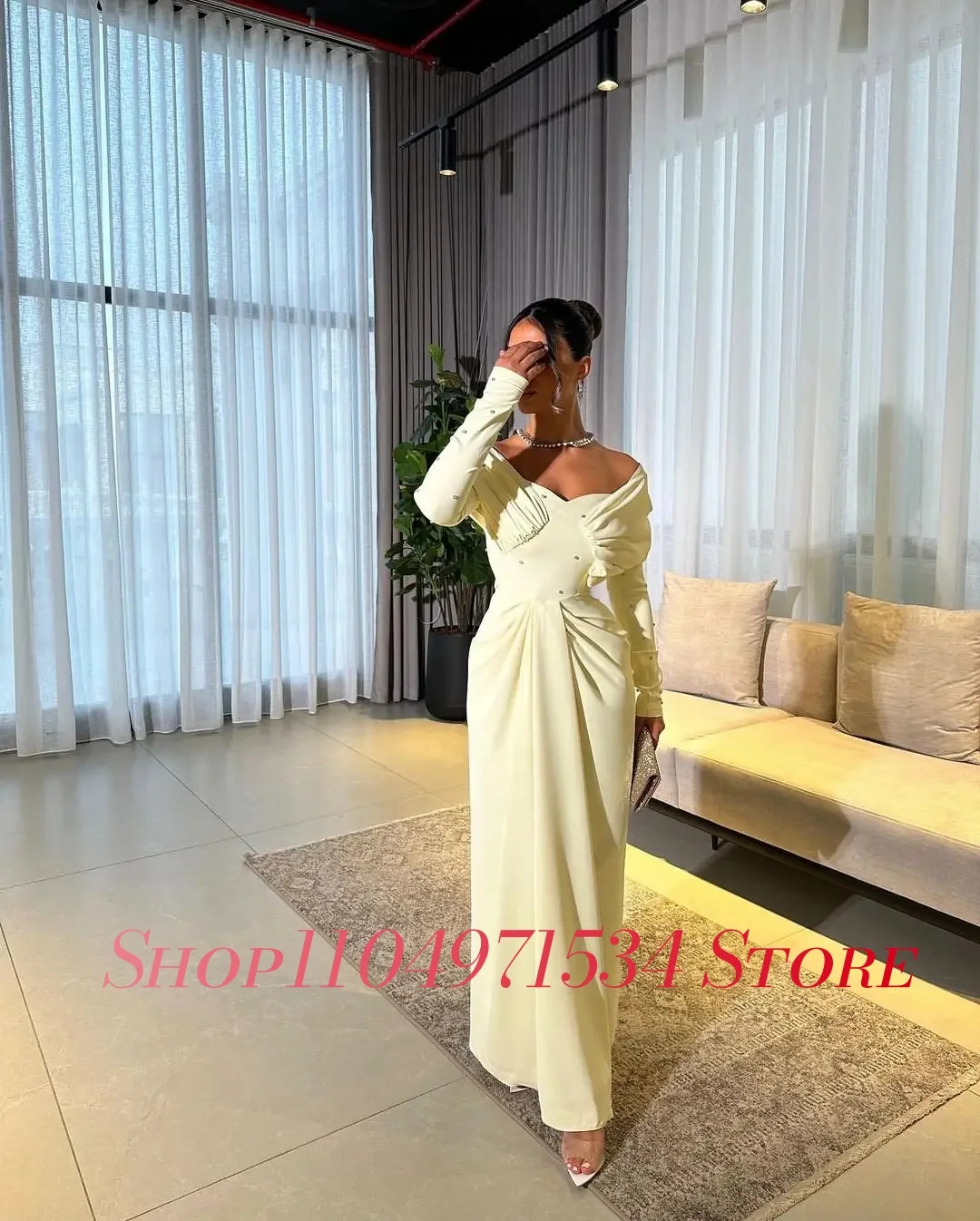 Jersey Kristal Temperamen Khusus Gaun Malam Lurus dari Bahu Gaun Selebriti V-Neck Lengan Panjang Halus