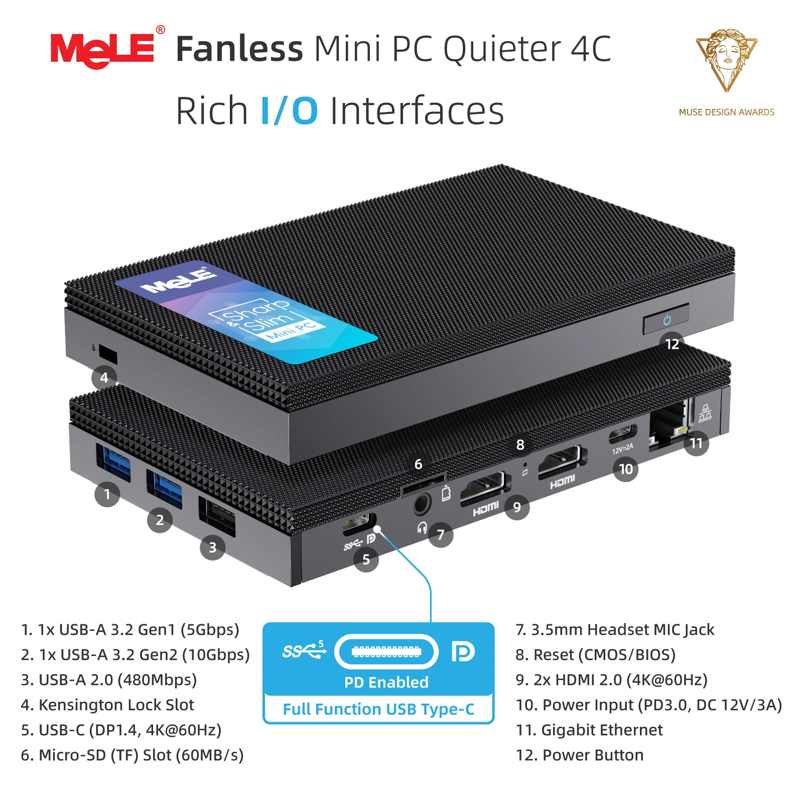 MeLE Fanless Slim N100 MINI PC Desktop Computer LPDDR4x 16GB 512GB Small Gaming Computer USB Type C 4K Three Display