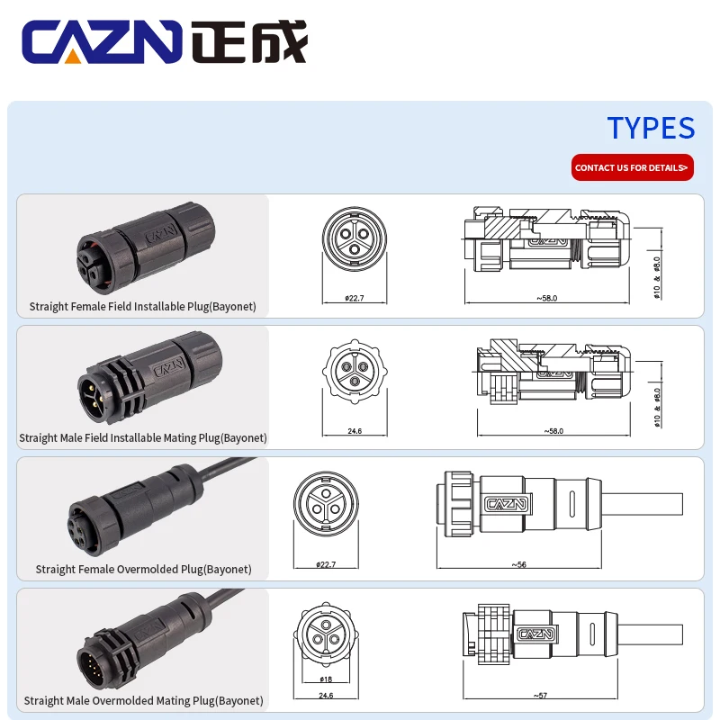 Conector E13 masculino e fêmea impermeável, tipo baioneta, 2-18 pinos, tomada de ancoragem Overmolded, IP67, IP68