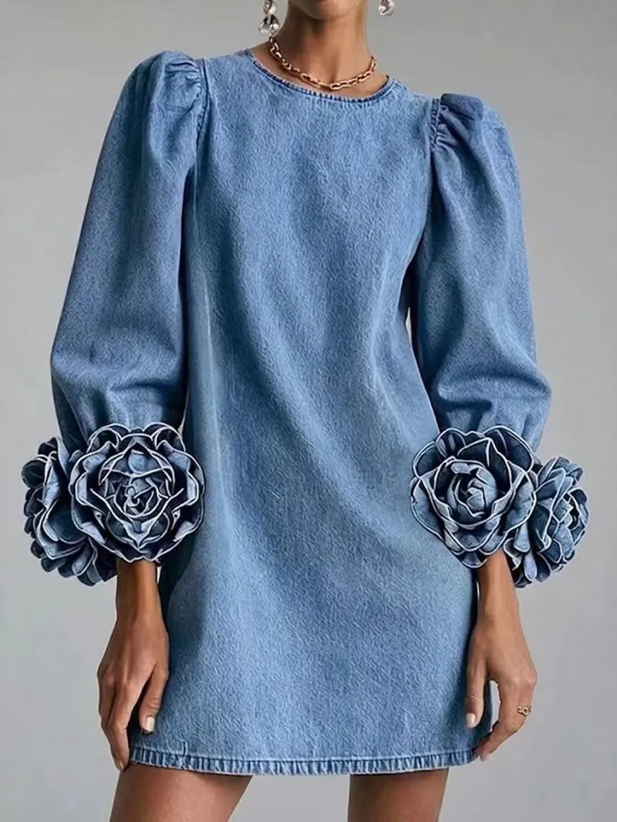 Women Faux Denim Mini Dress Round Neck Puff Long Sleeve 3D Floral Cuff Decor Loose Chic Straight Casual Streetwear Party Dresses