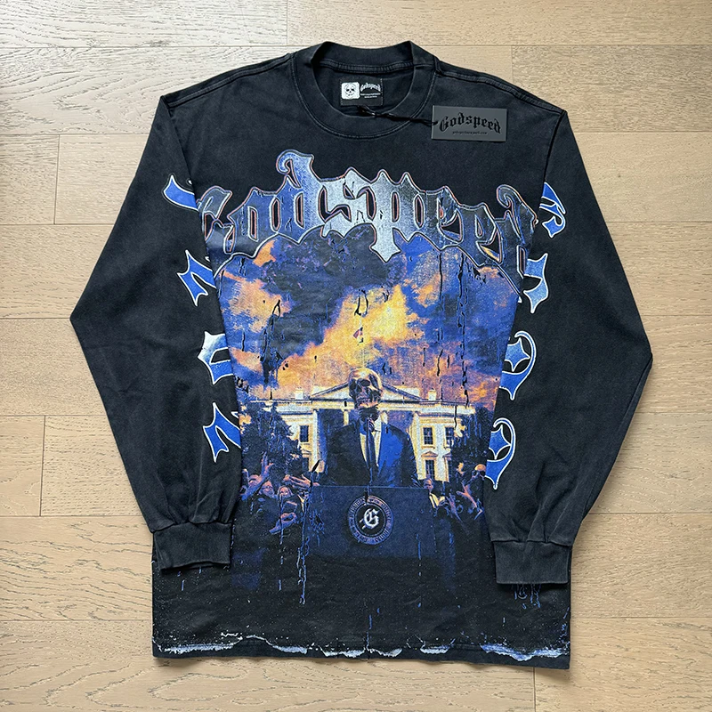 

Godspeed Long Sleeve T-shirts American Street Vintage Skeleton Print Casual Trend Hip Hop Washed 100% Cotton Long Sleeve