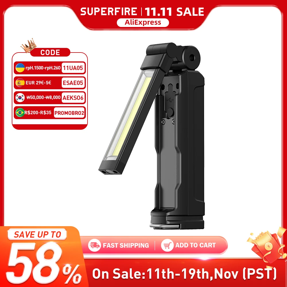 

SUPERFIRE G16-S Multifunctional Work light LED+COB Flashlight 360° With Magnetic Base Rechargeable For Car Repair Fishing Torch