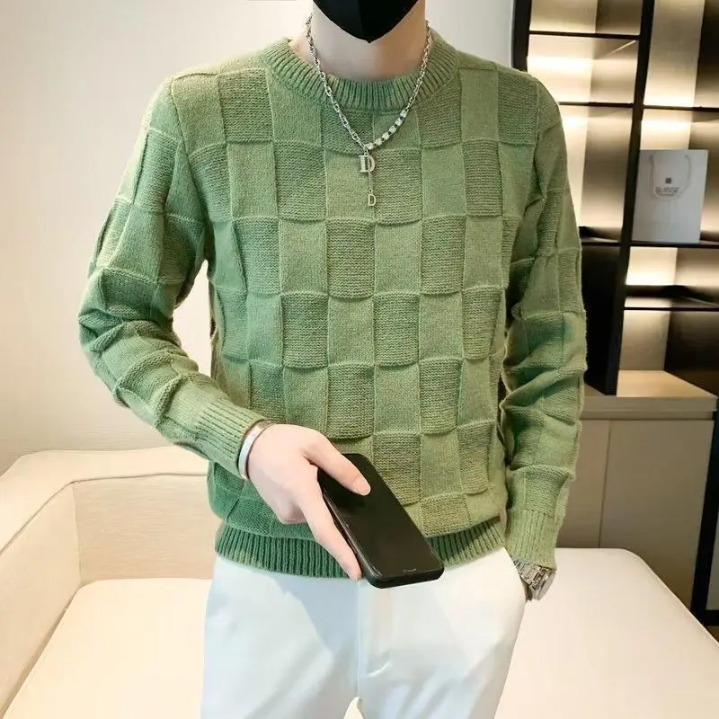 Einfachheit Trend Herbst Winter Pullover neue Herren O-Ausschnitt solide Plaid Mode lässig lose Langarm gestrickte Pullover Tops