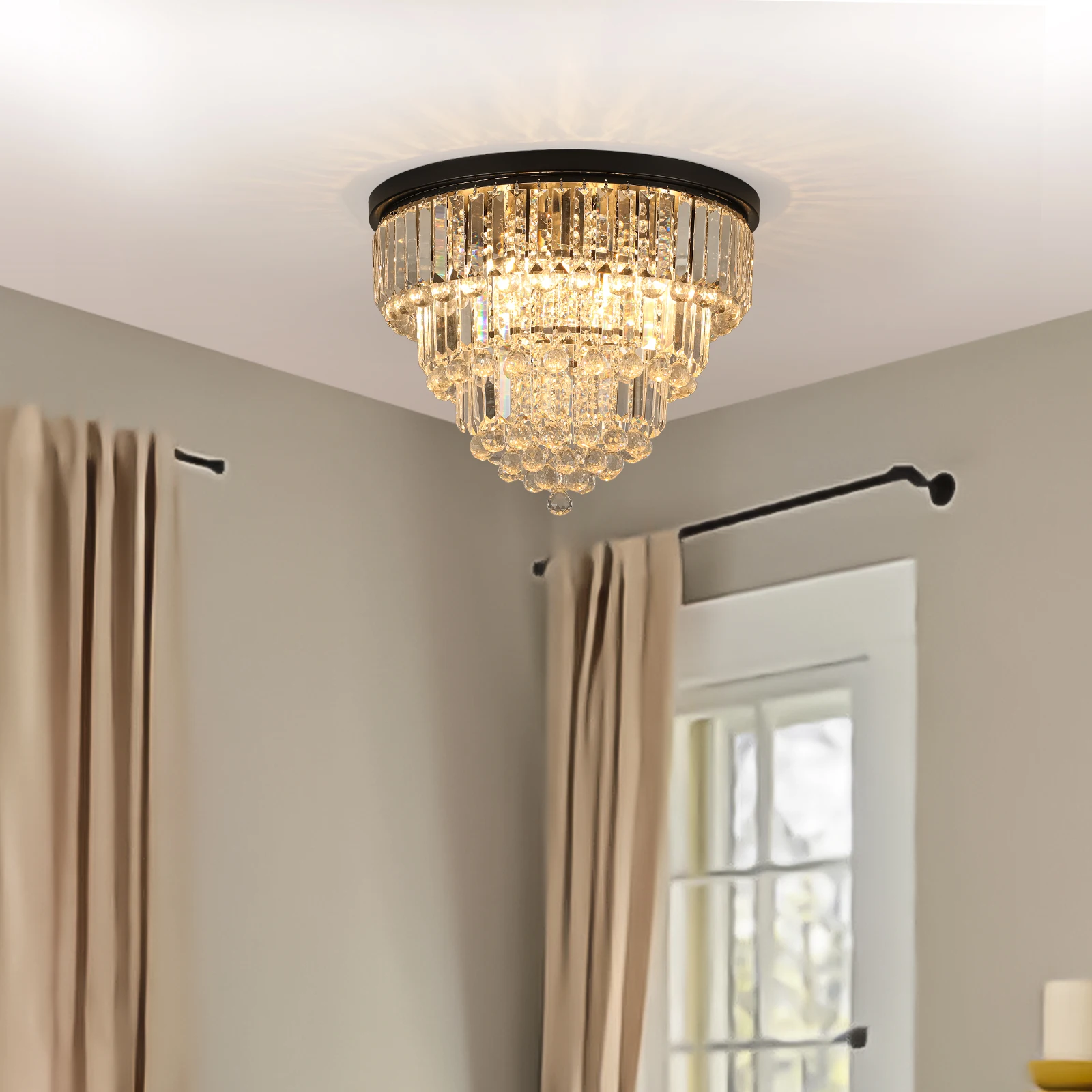 K9 Crystal Chandelier Ceiling Light,flush Mount ceiling light fixture,Modern round chandelier lighting (Black)