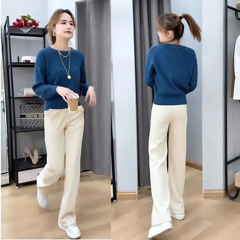 

2023 Spring Set Women Pants 2-Piece Set Ladies Pullover Knitted Sweater+ Wide leg Pants Two-Piece Suit Lady Autumn Suit