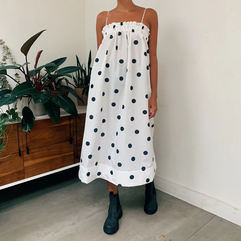 Y2k Polka Dot Maxi Dress Vintage Spaghetti Strap Loose Fit Midi Dress Boho Beach Long Dresses Sundress for Women Going Out