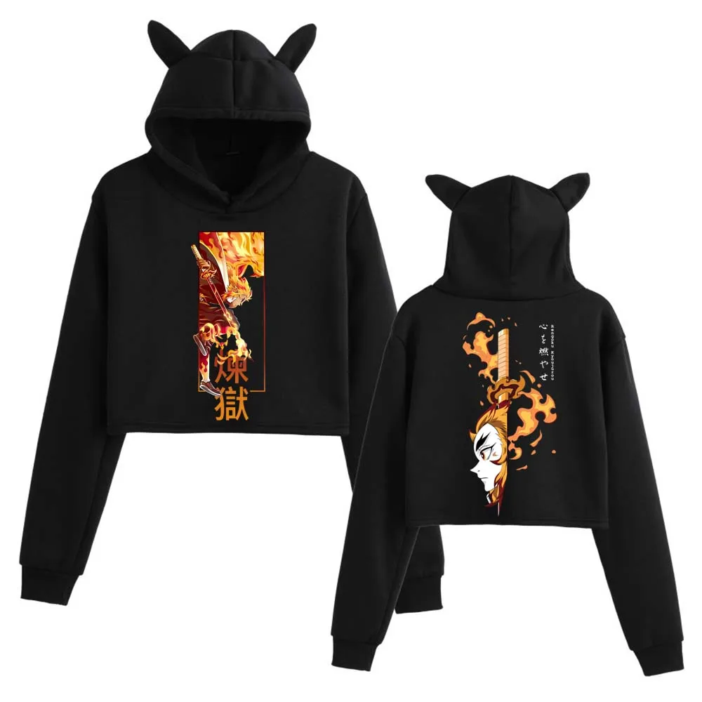 أنيمي شيطان القاتل Rengoku Kyoujurou المحاصيل قمم آذان القط البلوز طويلة الأكمام الفتيات الأزياء هوديي
