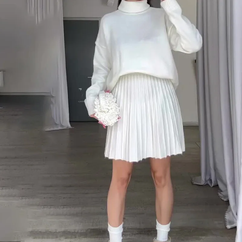 

Casual Women Knitted Two Piece Sets 2025 Fall/winter Turtleneck Loose Sweater Jumper&Pleated Mini A Line Skirt 2pc Dress Suits