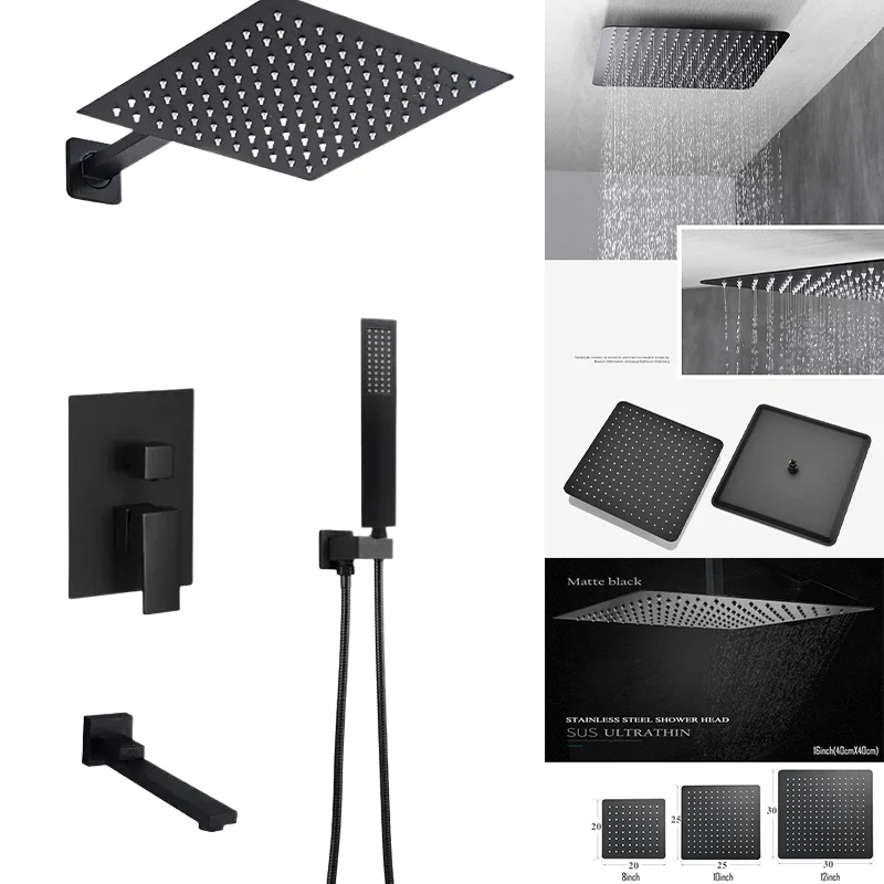 

Black Shower Set Wall Mounted Shower Faucet Mixer 8inch to16inch Rainfall Bathroom Shower Tap with Handshower Rotate Bath Spout