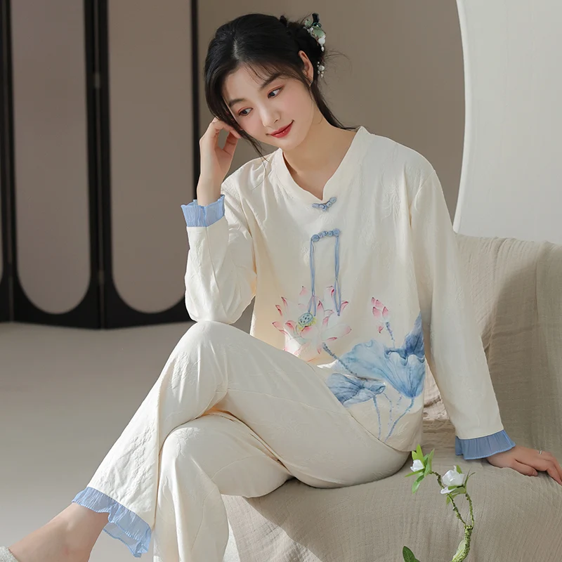 Autumn Cotton Women's Pajamas Set Print Women Sleepwear Long Sleeve Sweet Casual Soft Female Pyjamas M-XXL