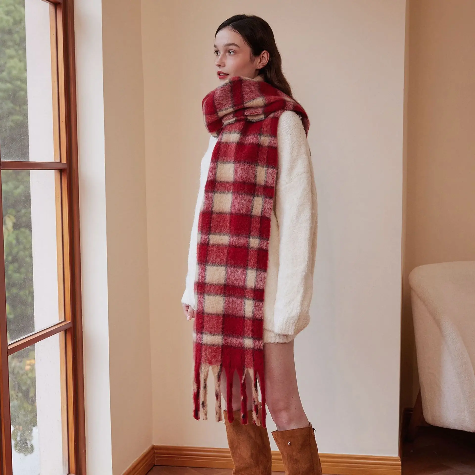 

Зимний новый шерстяной простой клетчатый женский шарф премиум-класса 2025 года, утолщенный, теплый, мягкий верхняя одежда, морозостойкая шаль для шеи