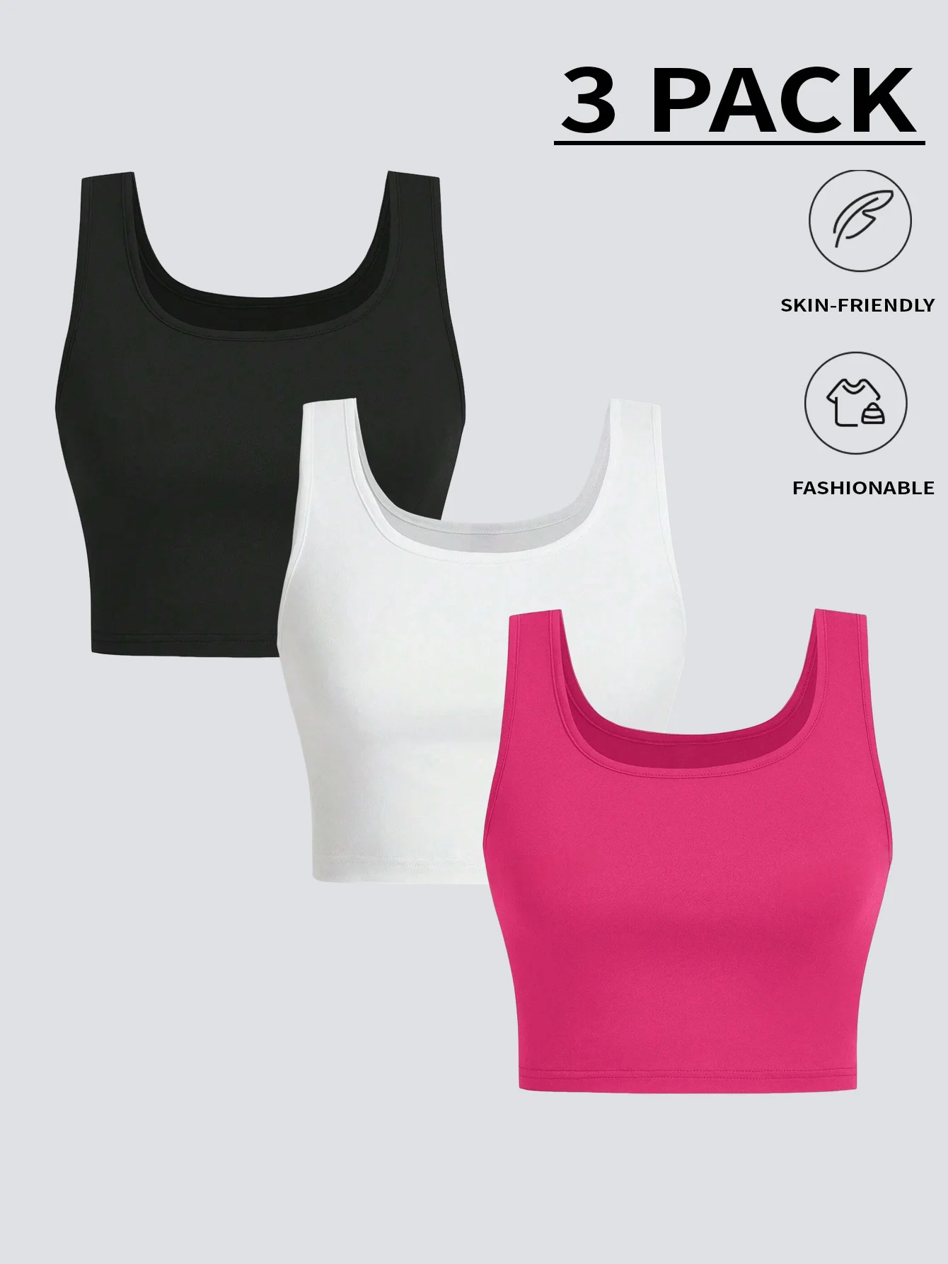 3 pieces of basic solid-color V-neck short tank tops with stretch and close-fitting for home and casual wear as base layer