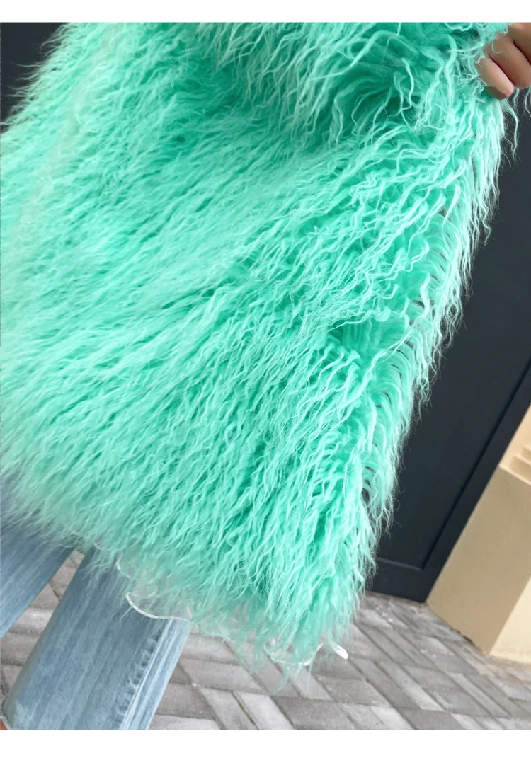 Female Light Green Faux Fur Coat Long Hair V-neck Long Jacket Lady Outerwear Women\'s Winter Coats  Factory Direct Sales