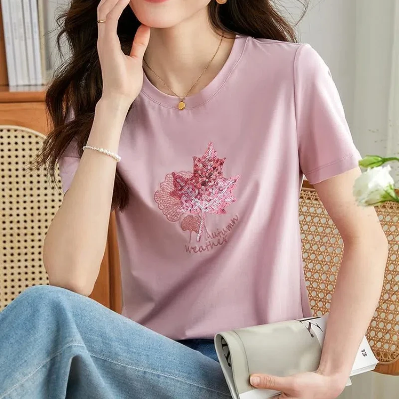 New Summer Women's Solid Colors O-Neck Short Sleeve Loose Plus Size Korean Pullovers Beaded Fashion Casual All-match Tops