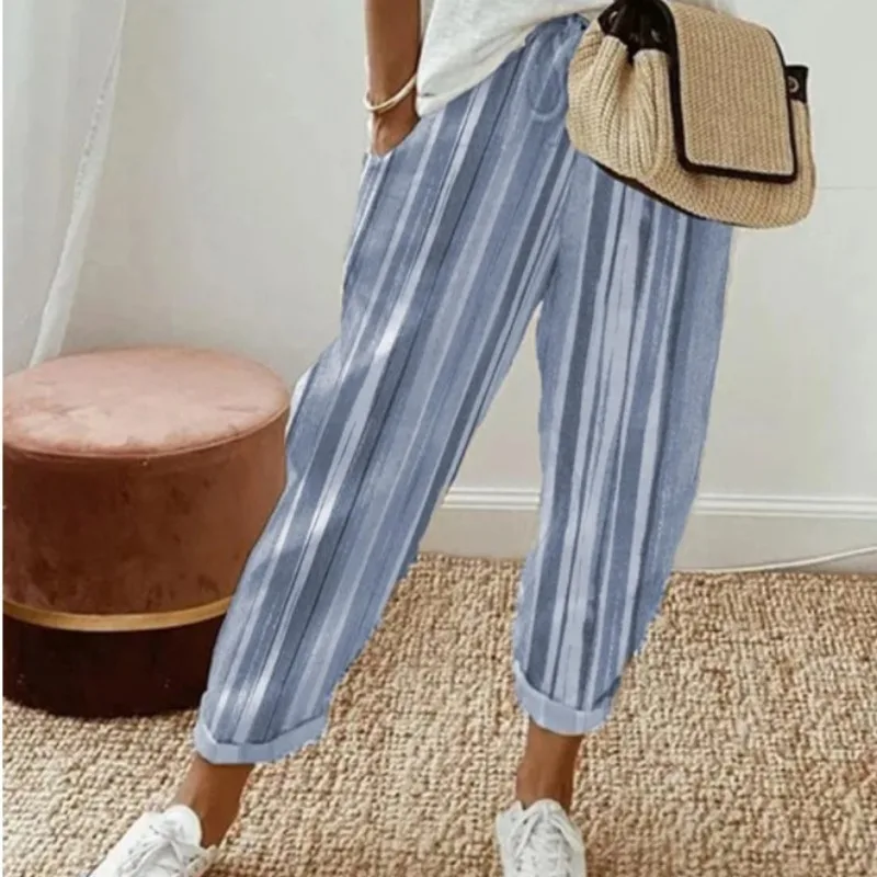Women\'s Summer Pants Straight Trousers Summer Fashion Printing Pocket Lace Up Casual Elastic Waist Jogger Pants Female Clothes
