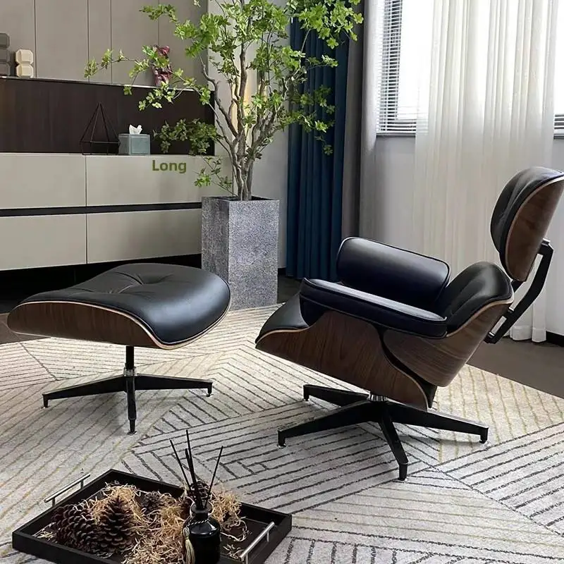 

Modern solid wood lounge chair leather lounge chair armchair living room hotel office adjustable backrest sofa saddle dining