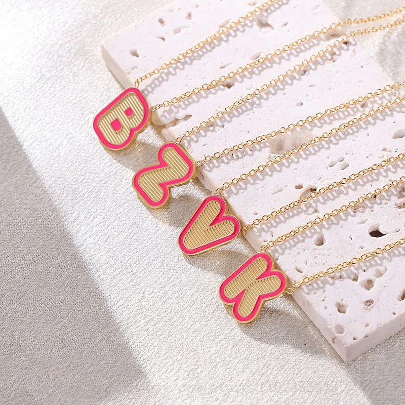 100pcs  New 26 letter oil dripping three-dimensional necklace 18Kgold-plated stainless steel letter pendant necklace for women