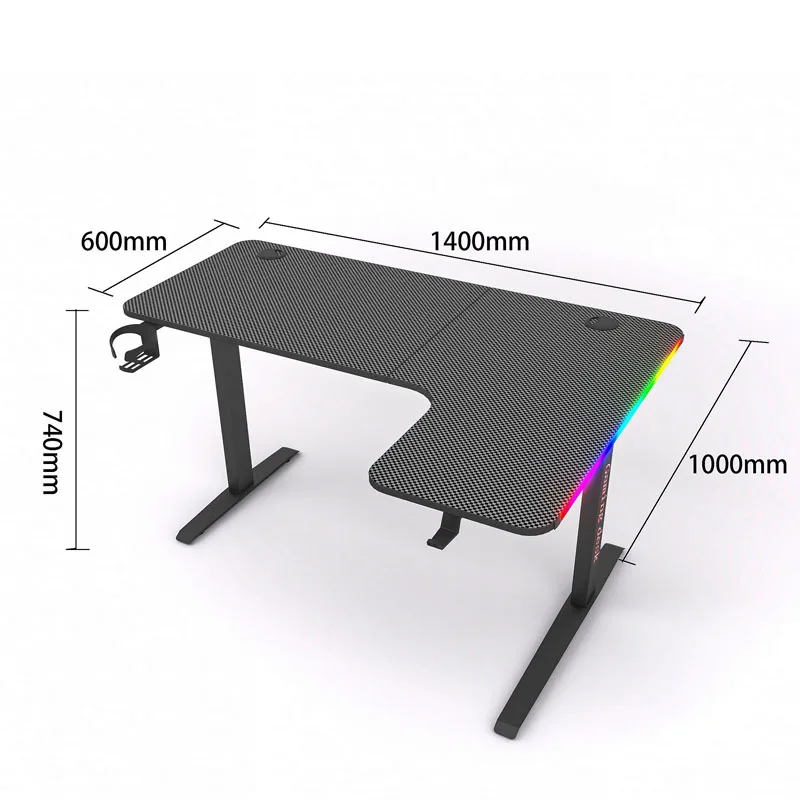 Factory Wholesale 140cm/160cm RGB Black Corner Desk with Headphone Hooks Home Office L Shaped Gaming Desk with LED Lights