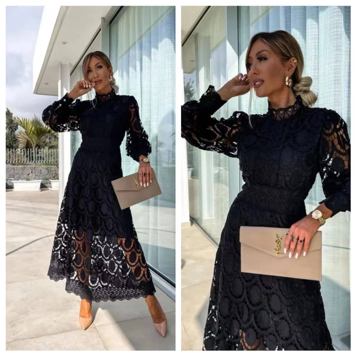 Lady Elegant New Lace Dress Stand Collar Lantern Long Sleeve Slim Vestidos Waist Temperament Fashion Office Commute Leisure Home