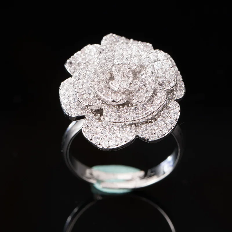 Luxury Brand Exquisite Camellia Flower Ring 14K White Gold Plated Engagement Rings for Women Wedding Banquet Fine Jewelry Gift