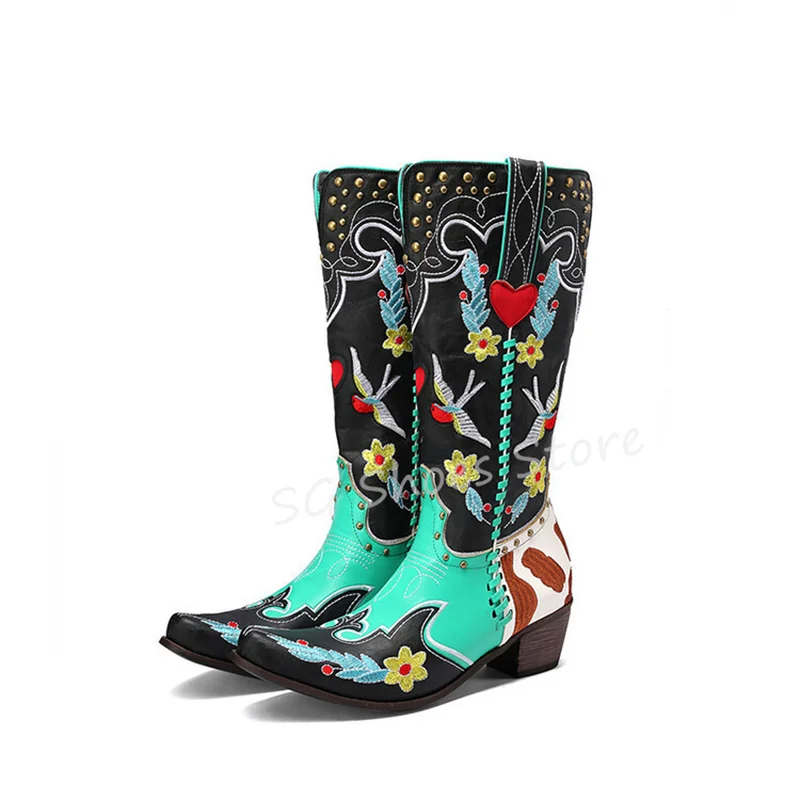 Retro Embroidery Rivet Women Western Cowboys Boots Mixed Color Pointed Toe Chunky Heel Long Boots Ladies Chelsea Boots