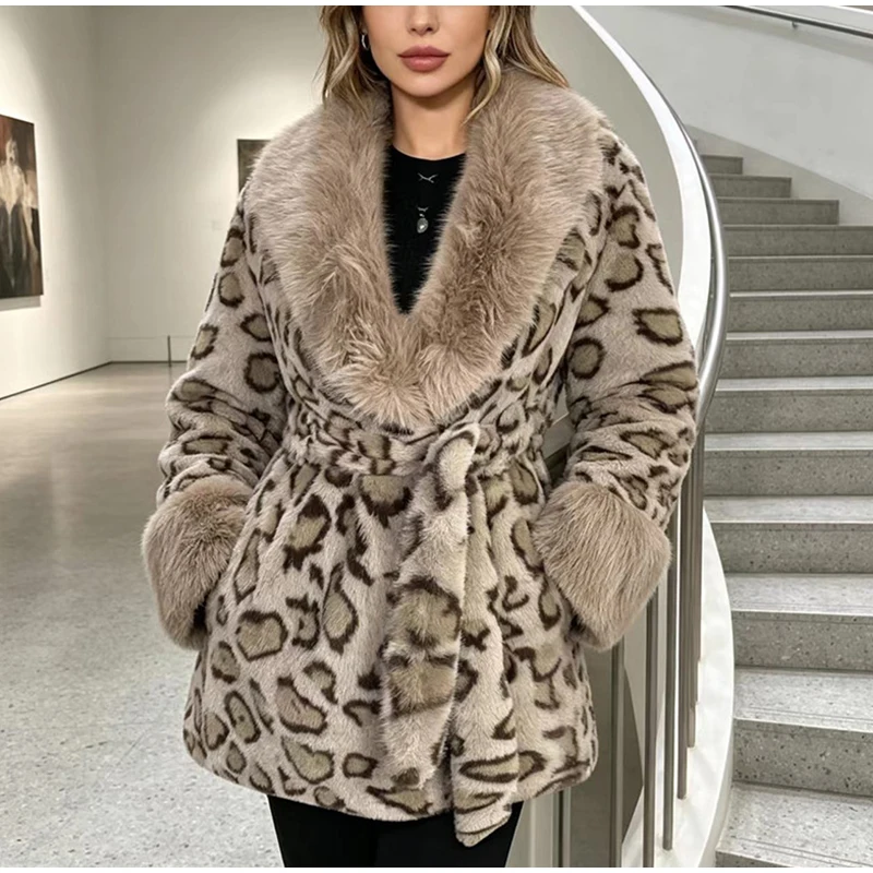 Tie Waist Faux Fur Coat Leopard Pattern Shawl Lapel Furry Cuff Splicing Long Sleeve Loose Chic Jacket 2026 Women's Fashion Coats
