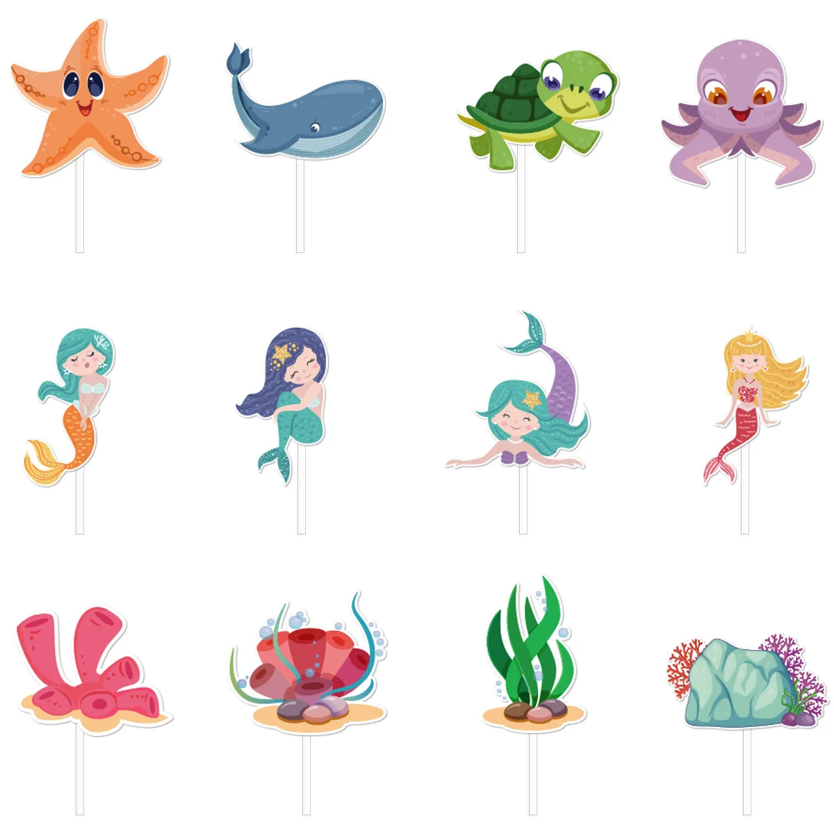 Mermaid Cake Topper Ocean Fish Seaweed Happy Birthday Wedding Kids Party Baby Shower Cupcake Toppers Decor Baking Supplies Diy