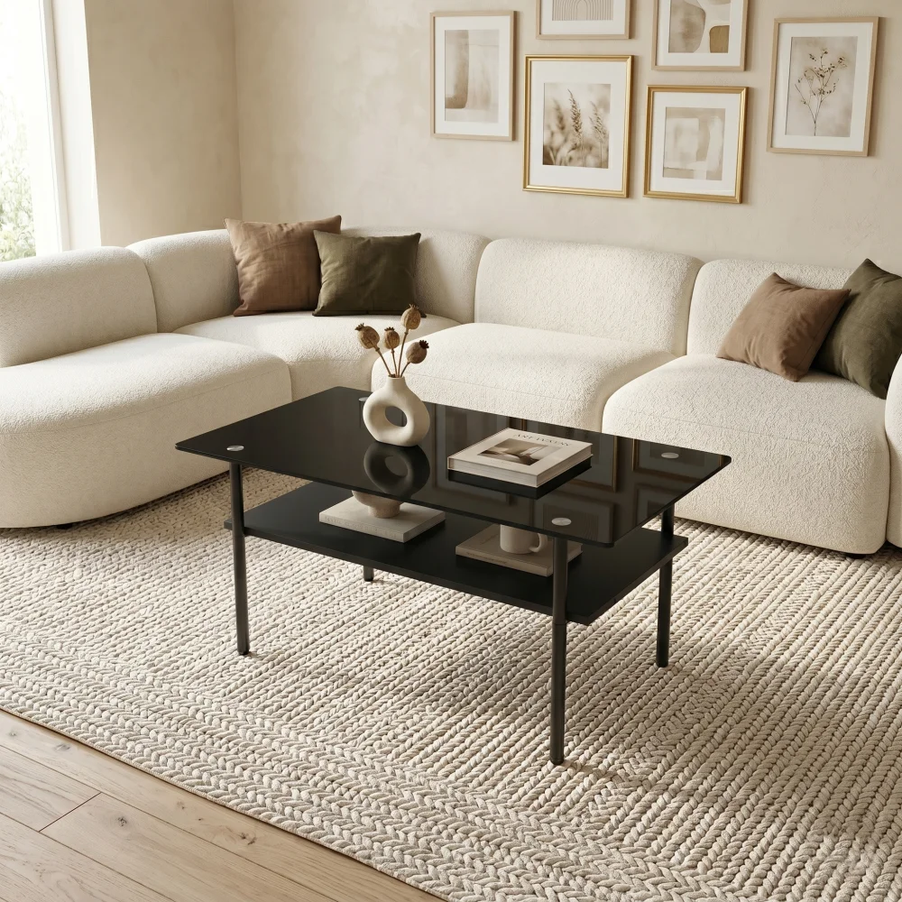 Modern Rectangular Glass Coffee Table Black Tempered Glass Top Black Metal Legs Wooden Storage Shelf Easy-Clean Center Table