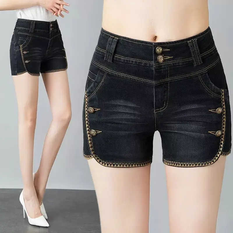 Short en jean élastique taille haute grande taille, slim et polyvalent, jambe droite, décontracté, vêtements d'extérieur d'été, nouveau, 2024