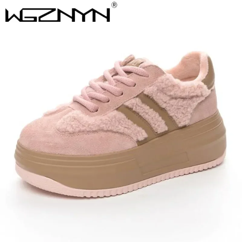NEW 6CM Pink Natural Genuine Leather Fashion Breathable Casual Women Shoes Platform Warm Plush Winter Autumn Comfy Ankle Booties