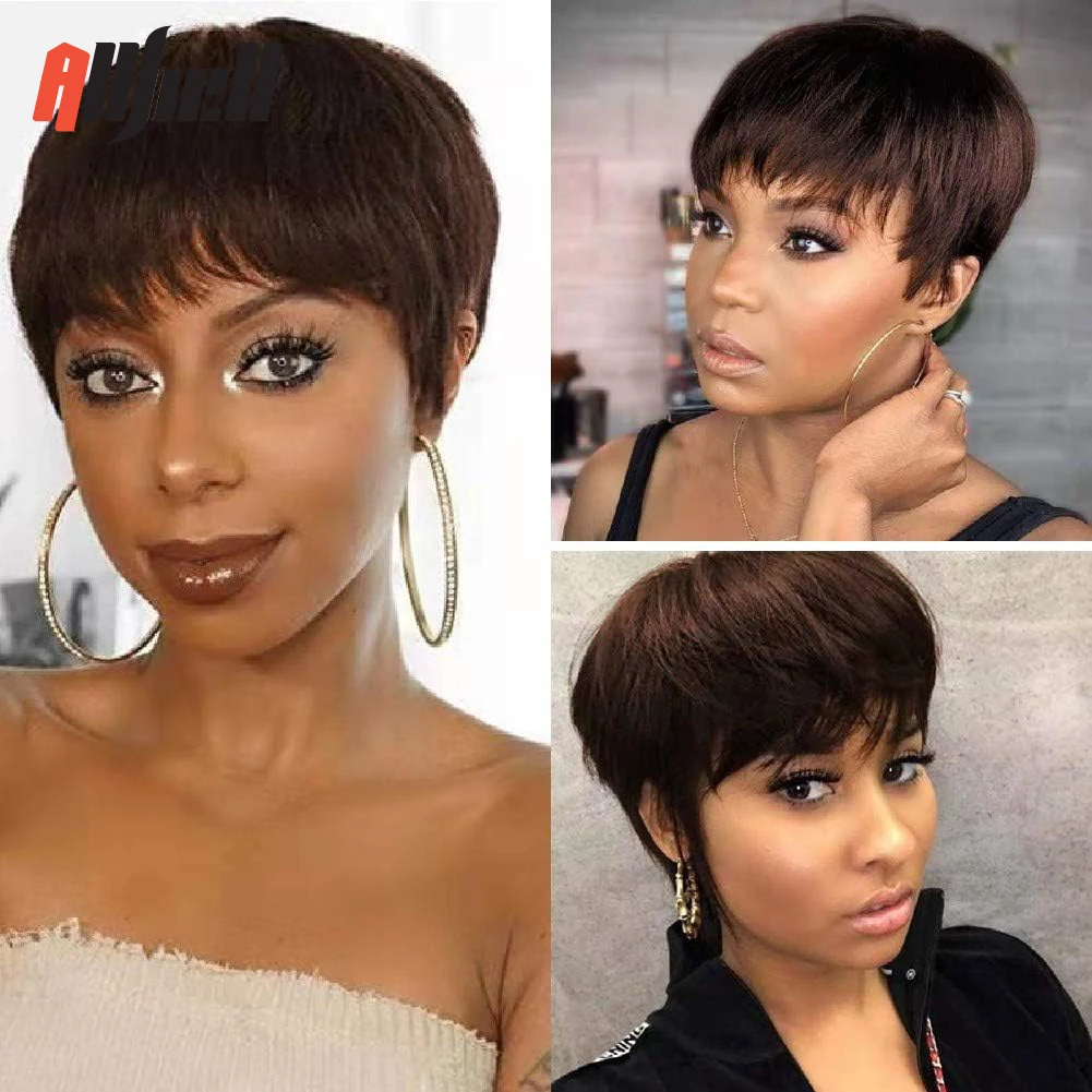 

100% Remy Human Hair Wigs for Women Short Straight Brown Pixie Cut Wigs With Bangs Layered Brown Natural Human Hair