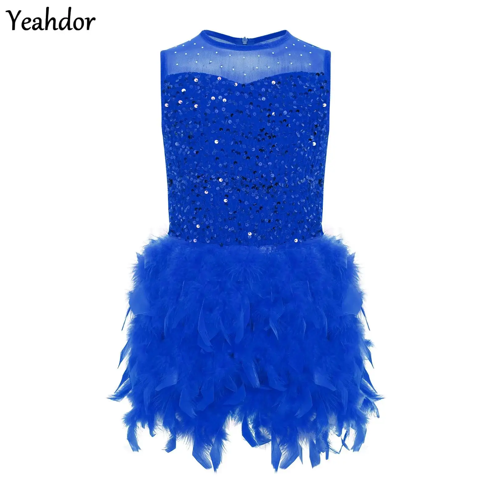 

Girls Feather Jazz Dance Dress Gymnastics Figure Skating Ballet Leotard Sequins Bodice Tulle Skirted Velvet Tutu Dress Costumes