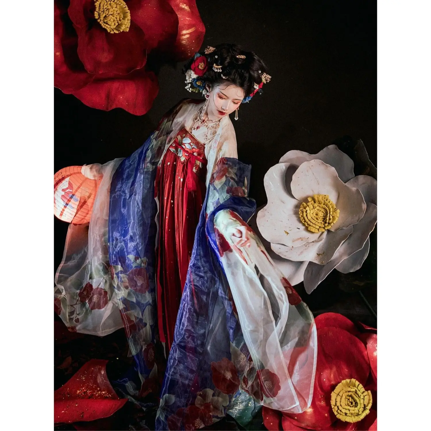 Vestido Hanfu Tradicional Chinês, Hanfu Vermelho, Bordado de Camélia, Estilo Tang, Peito Grande de Manga Larga, Saia Plissada, Vestido Hanfu Feminino