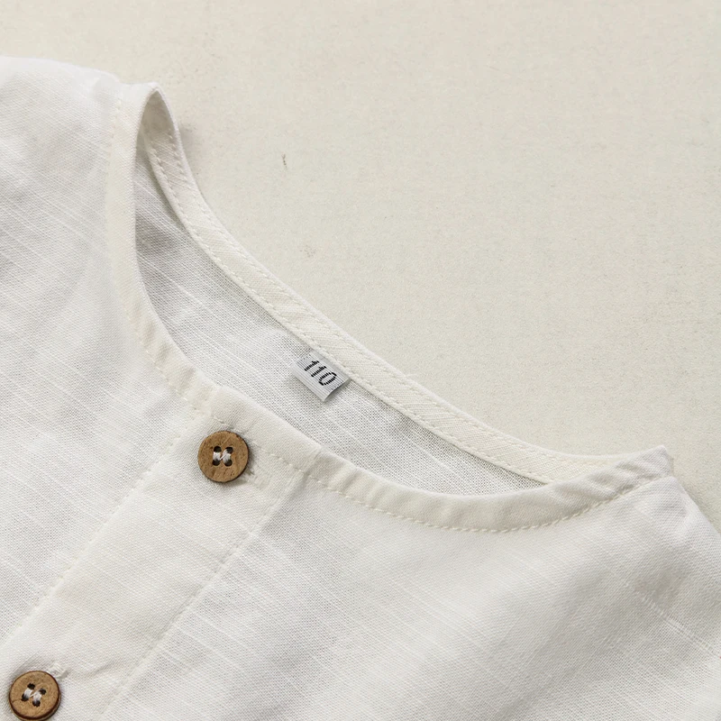 Boys Linen White Short-Sleeved Shirt Summer New Children\'s Round Neck Single-Breasted Casual Daily Cotton And Linen Shirts