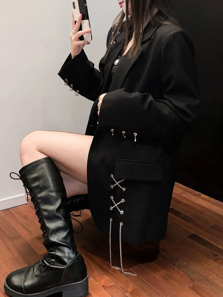 KOSAHIKI Harajuku Women Jackets Black Gothic Punk Hip Hop Solid Vintage Blazer Coats  Chic Chain Loose Jacket Streetwear