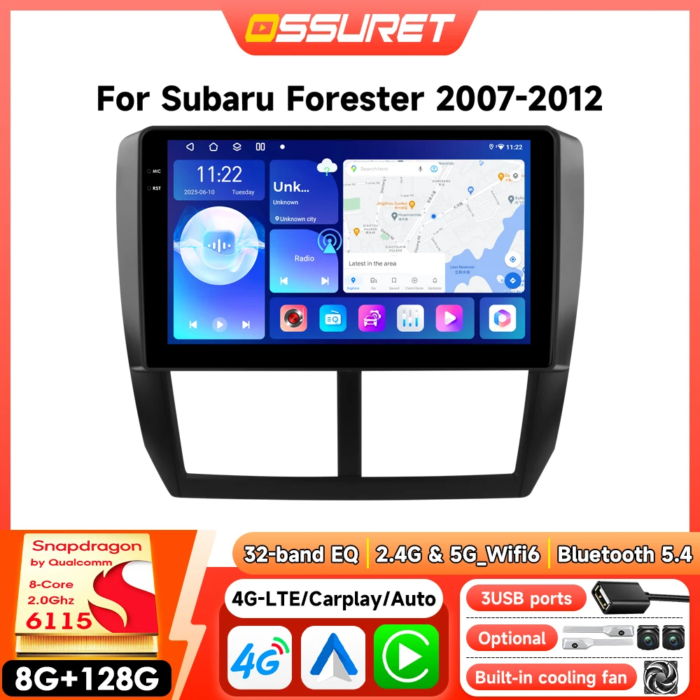 8-Kern Intelligentes Android Autoradio für Subaru Forester Impreza 2008-2014 Kabelloses CarPlay GPS DSP Multimedia mit Snapdragon 6115 Touchscreen 360-Grad-Kamera