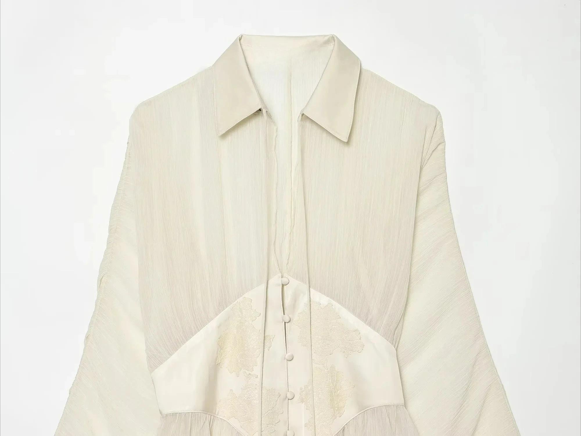 KONDALA Women Trendy Elegant Lace Yarn Shirts Unique Chic Asymmetrical Hem Shirts 2026 Summer Stylish Holiday See-through Shirts