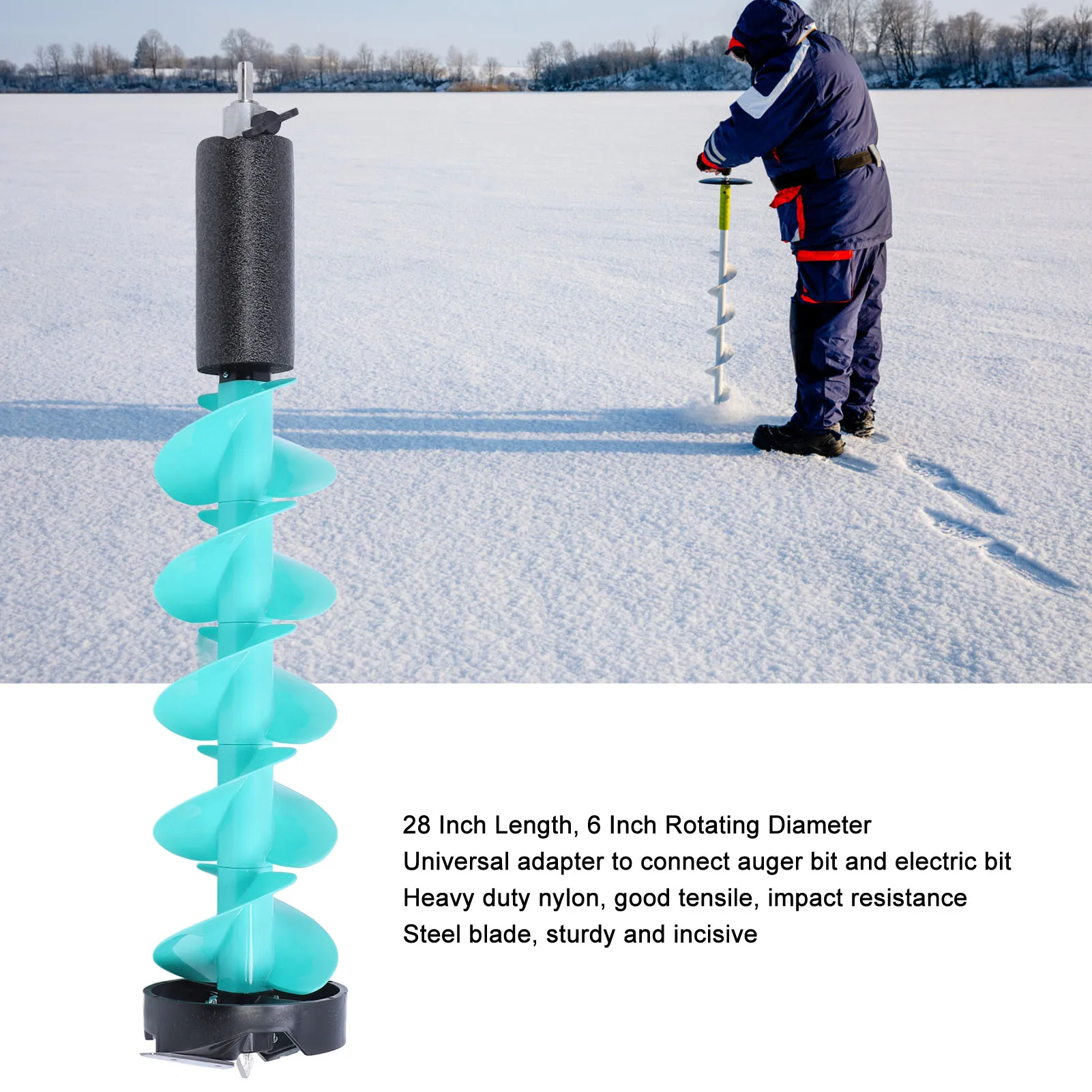 Ice Fishing Auger Electric Drill Nylon Floating Auger with 2 Blades and Locating Device 6 Inch Rotating Diameter