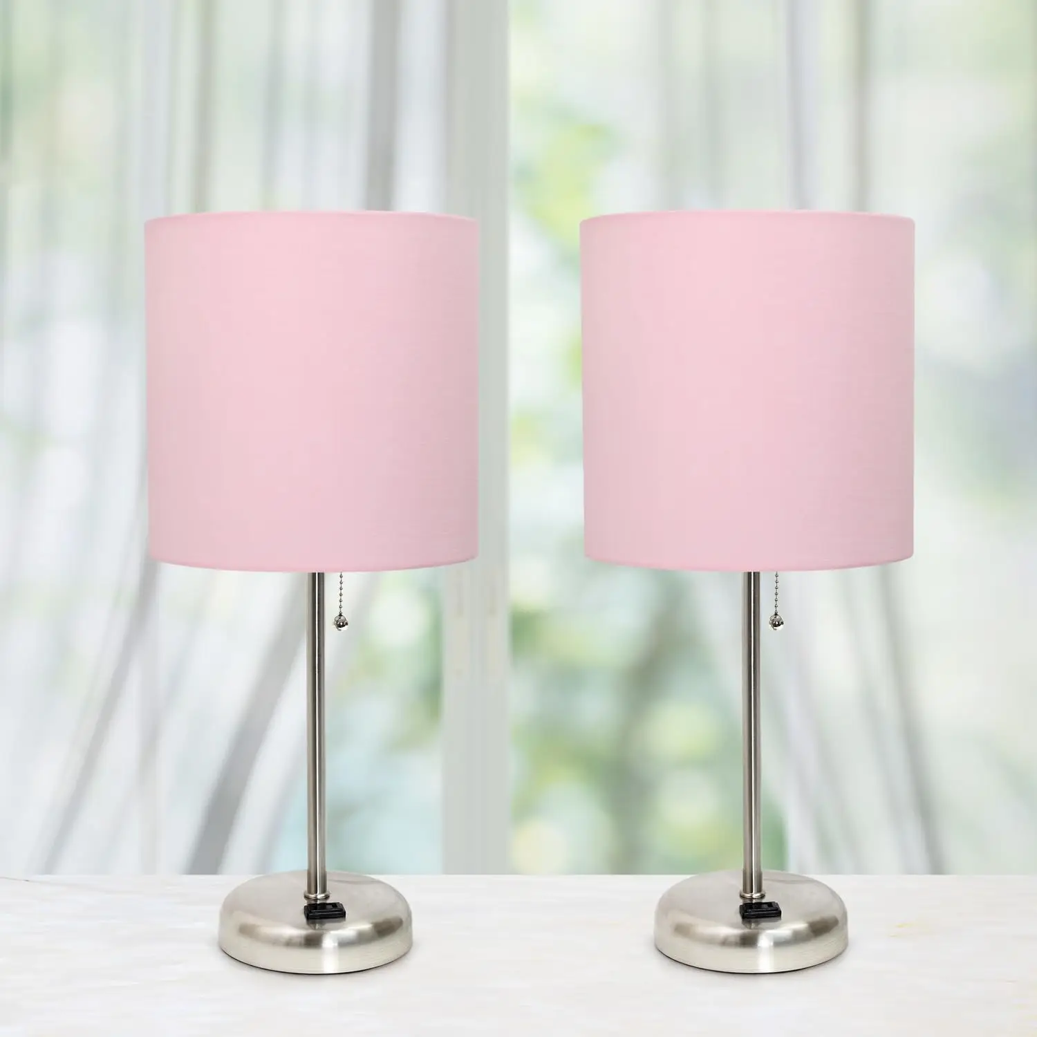 Brushed Steel Stick Table Desk Lamp with Charging Outlet and Drum Fabric Shade 2 Pack Set, Light Pink Shade