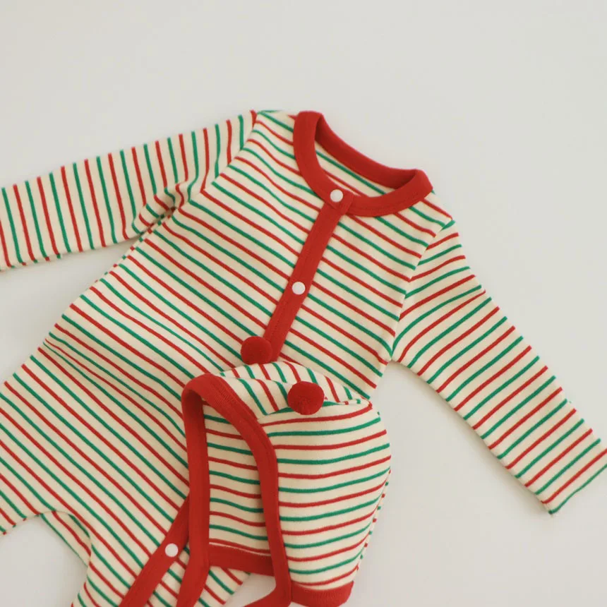 Baby Clothing 2024 Autumn Infant Boys Striped Romper Long Sleeve Jumpsuit Newborn Baby Christmas Onesies And Hat Outfits