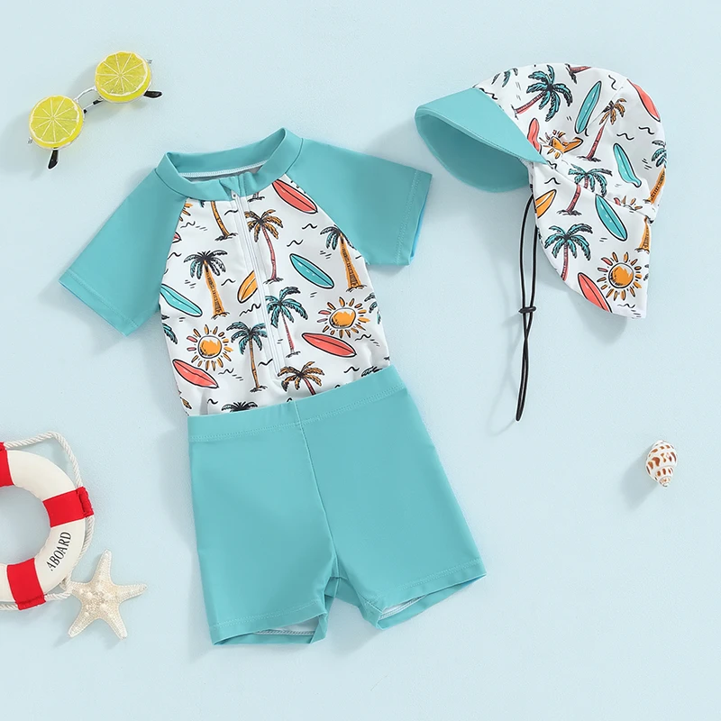 Boys' Rash Guard Set, 3 Piece Swimsuit Suit  Palm Tree/Dinosaur Print Short Sleeve Tops Swim Trunks Swim Cap Bathing Suit