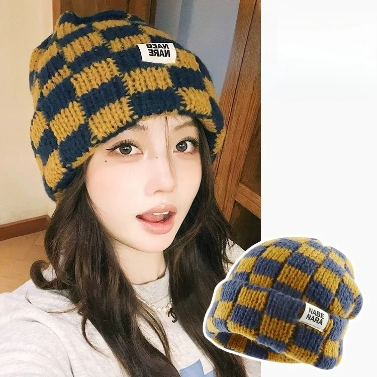 Winter Ladies Warm Hat Fashion Color Check Knit Hat Outdoor Windproof Ear Protector Cold Hat Thick Pulley Hat