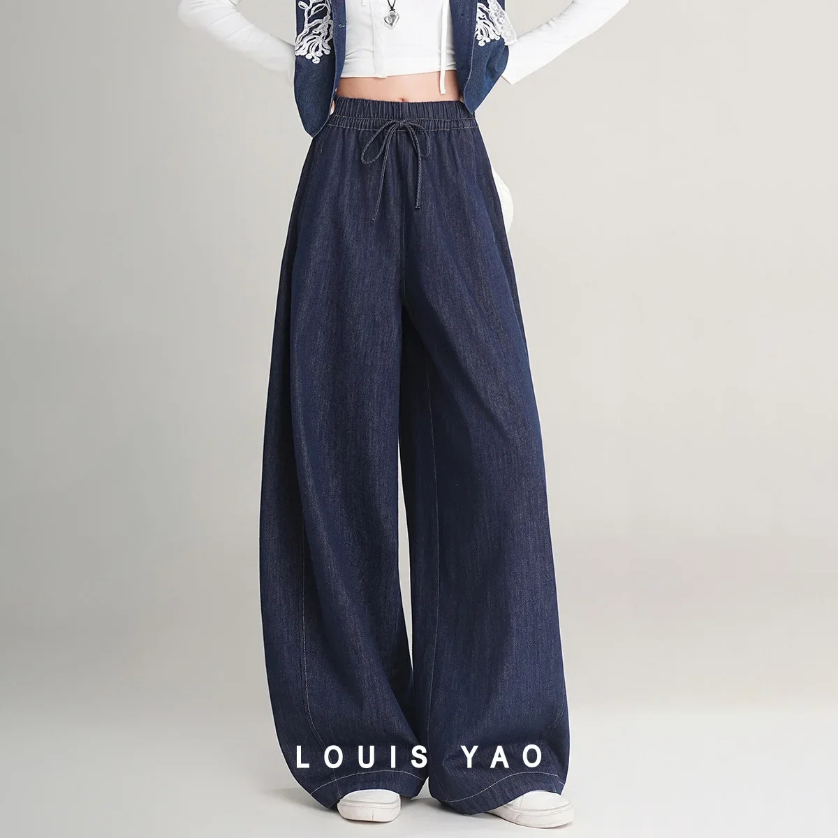 LOUIS YAO Women's Jeans 2026 Spring Loose Casual Jeans Rubber Waistband Design Long Denim Bottoms Elastic Banana Pants