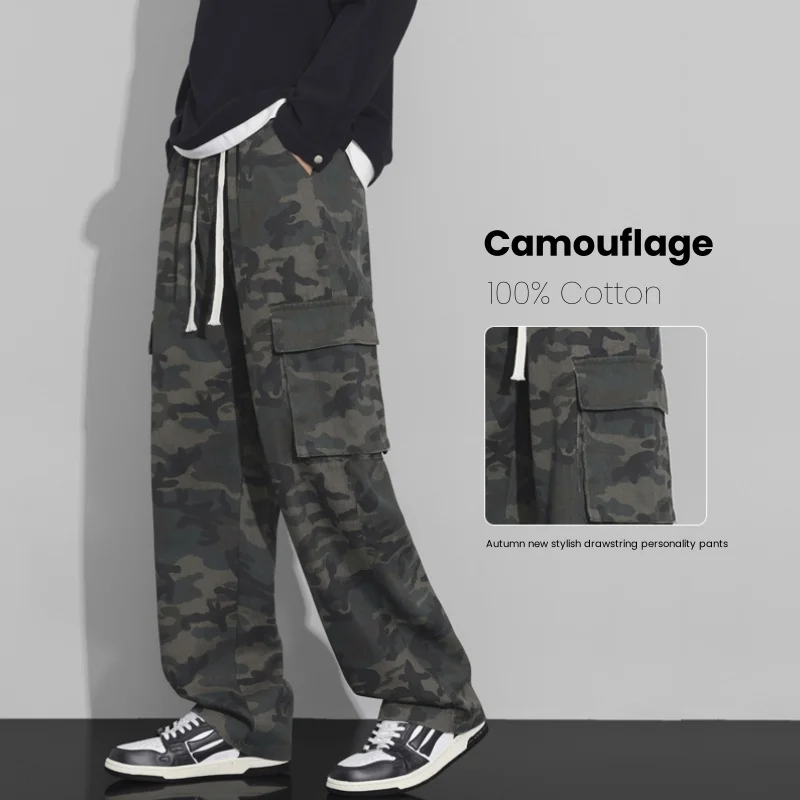 

100% Men's Camouflage Pants Autumn New Cargo Straight Casual Sweatpants Pocket Fashion Straight Male Drawstring Trousers
